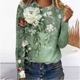 thumbnail image 4 of Womens Tops Printed Floral Blouse Round Neck Long Sleeved Casual Loose Casual Top,Tops for Women Army Green, 4 of 6