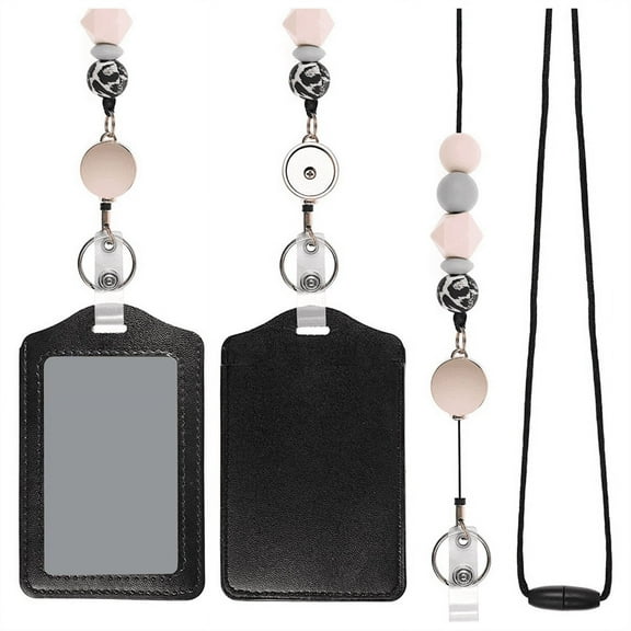 Retractable Lanyards for ID Badges and Keychain with PU Leather Holder Teacher Breakaway Women Pink