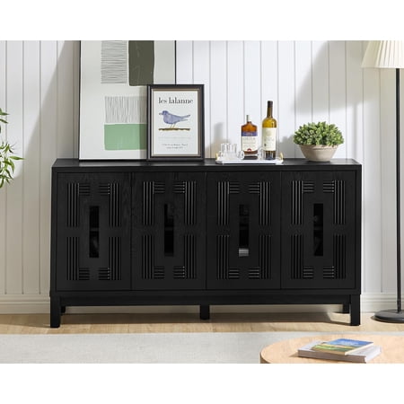 LQLI 60.7 Sideboard Buffet Cabinet Mid-Century Modern Credenza Storage | Wood Credenza with 4 Geometric Doors Accent Cabinet with Anti-Tip Kit Kitchen Storage Cabinets with Solid Wood Legs