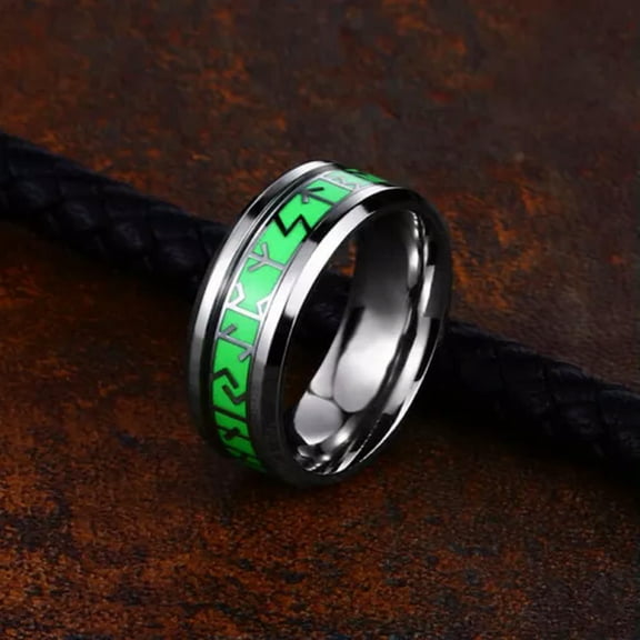 K-KED Vintage Viking Runes Luminous Ring Titanium Wedding Band Ring Silver Green-9