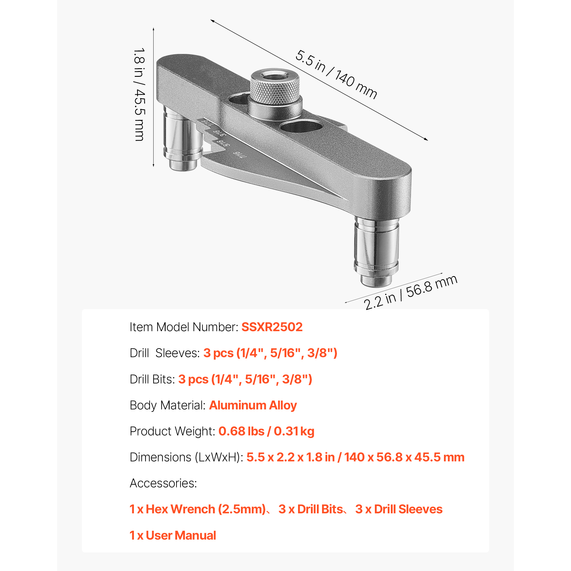 KFFKFF Self-Centering Doweling Jig Kit, Precision Tool for Straight Hole Drilling, Includes 1/4", 5/16", 3/8" Drill Bits and Stop Collars, Durable Aluminum Alloy Woodworking Tool for Drilling