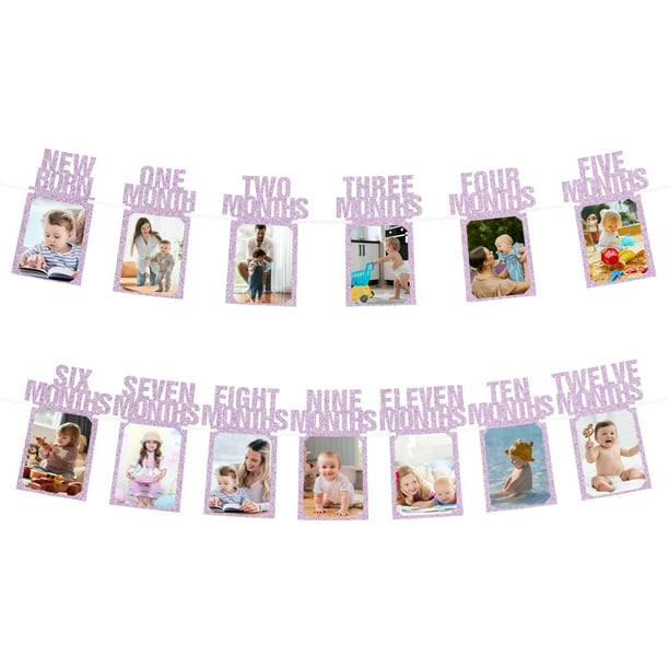 Decoraciones de banner de fotos de 1er cumpleaños de 1 a 13 meses en rosa, 13 piezas