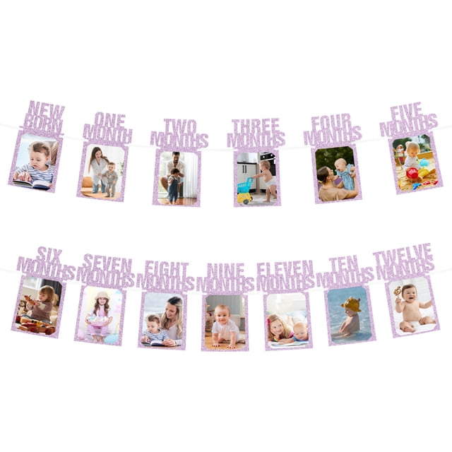 Decoraciones de banner de fotos de 1er cumpleaños de 1 a 13 meses en rosa, 13 piezas