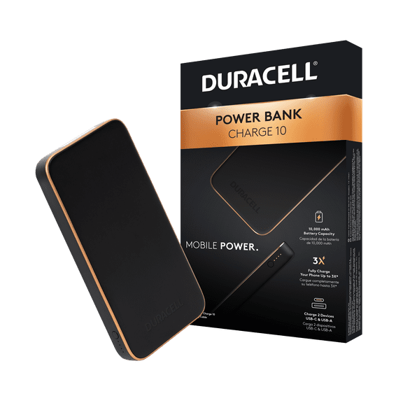 Duracell Charge10 Portable Power Pack, 10000mAh Mobile Black Power Bank, DMP-PB-Charge10