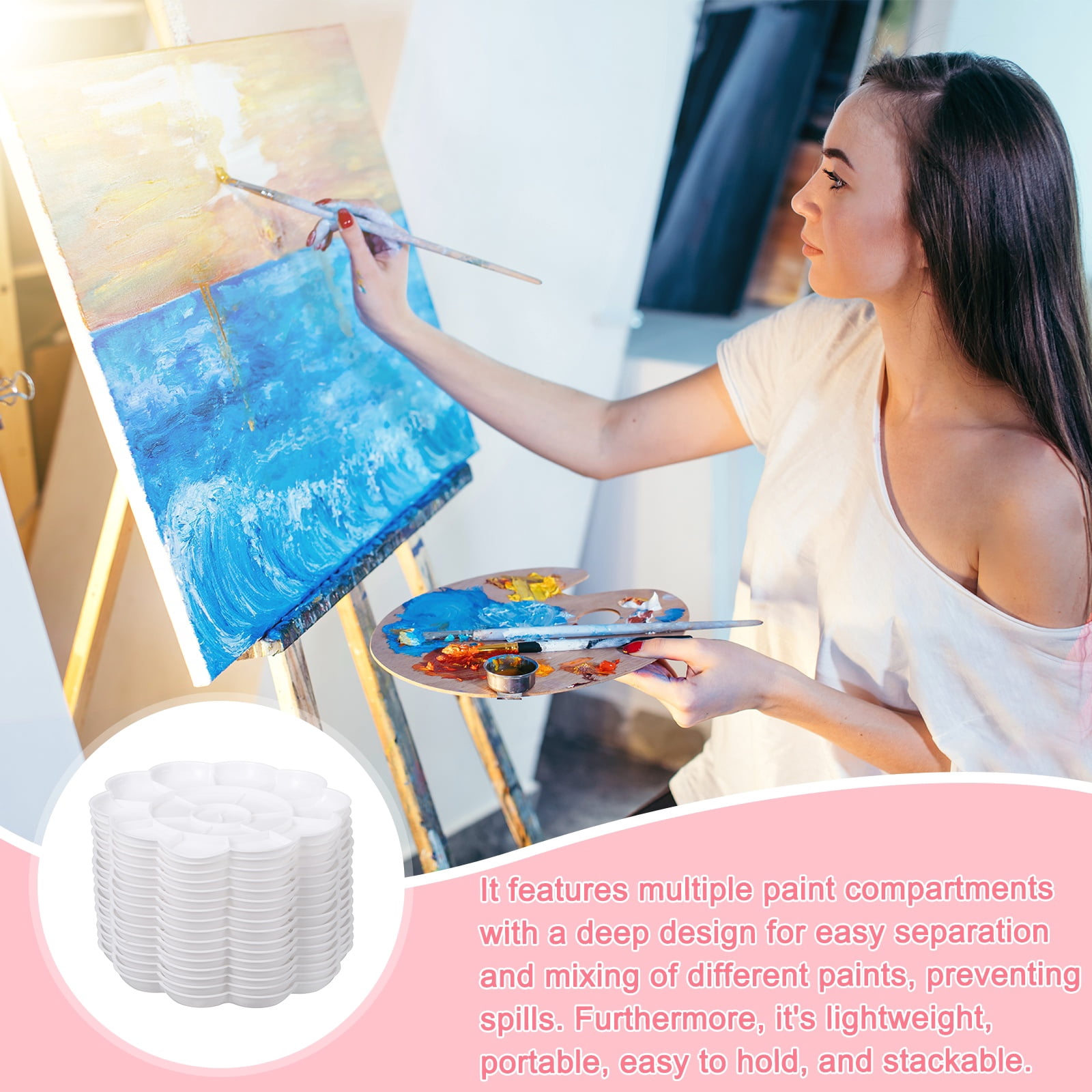Uxcell Paint Tray Palette, 7.1" Flower Shape Plastic Watercolor Palette Painting Tray for DIY Craft Art Class Painting Party Supplies Paint Holder(White, Pack of 16)