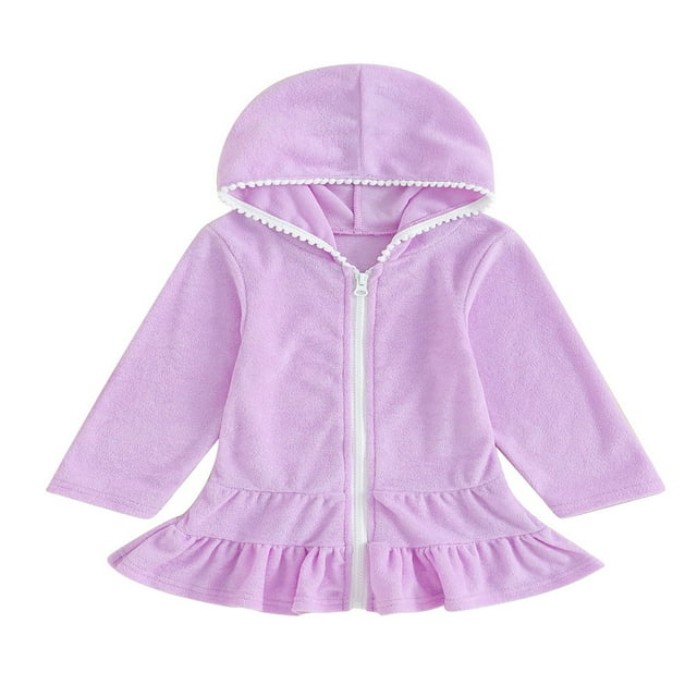 Robe à Capuchon pour Fille, Couleur Unie, à Volants, à Fermeture Éclair, Manches Longues, Robe de Plage