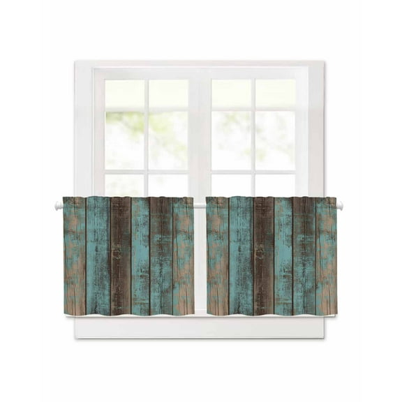 Teal Wood Grain Short Blackout Curtains 30Inch Long Farmhouse Board Retro Vintage Strip Rod Pocket Kitchen Curtains, 2 Panels Thermal Insulated Room Darkening Drapes for Bedroom, 30"W x 30"L