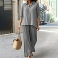 thumbnail image 6 of Women Linen 2 Piece Outfits Long Sleeve High Low Shirts Wide Leg Pants Set Loose Fall Lounge Set, L, 6 of 6