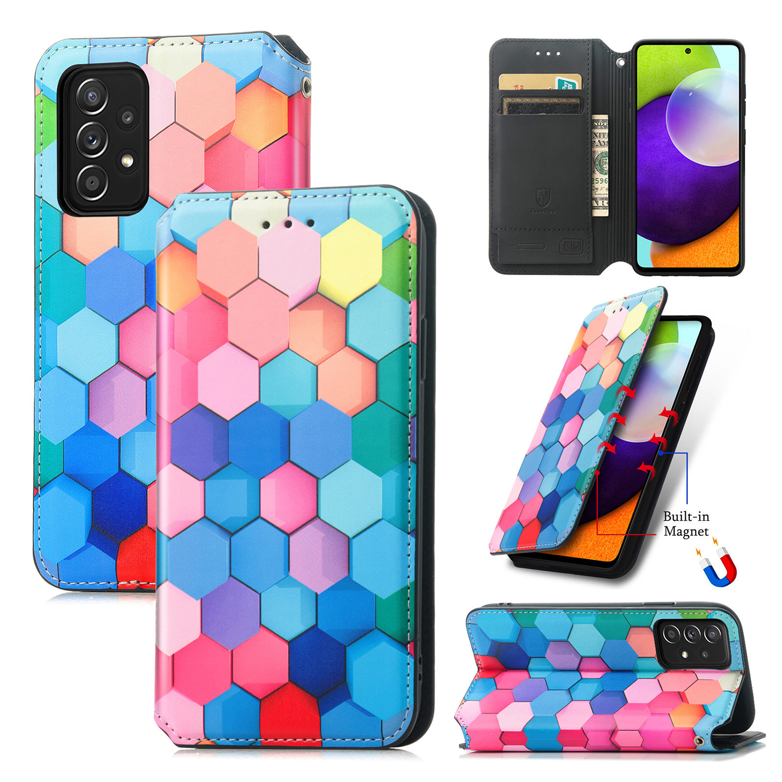 Case for Samsung Galaxy S21 Case, Galaxy S21 Case Wallet Case PU Leather and Hard PC RFID Blocking Slim Durable Protective Phone Case Cover For Samsung Galaxy S21,Rainbow Cube - image 1 of 9