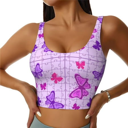 Sports Bras for Women High Support  Puzzles butterfly pink purple Workout Tank Tops Woman  Yoga Bra with Removable Cups