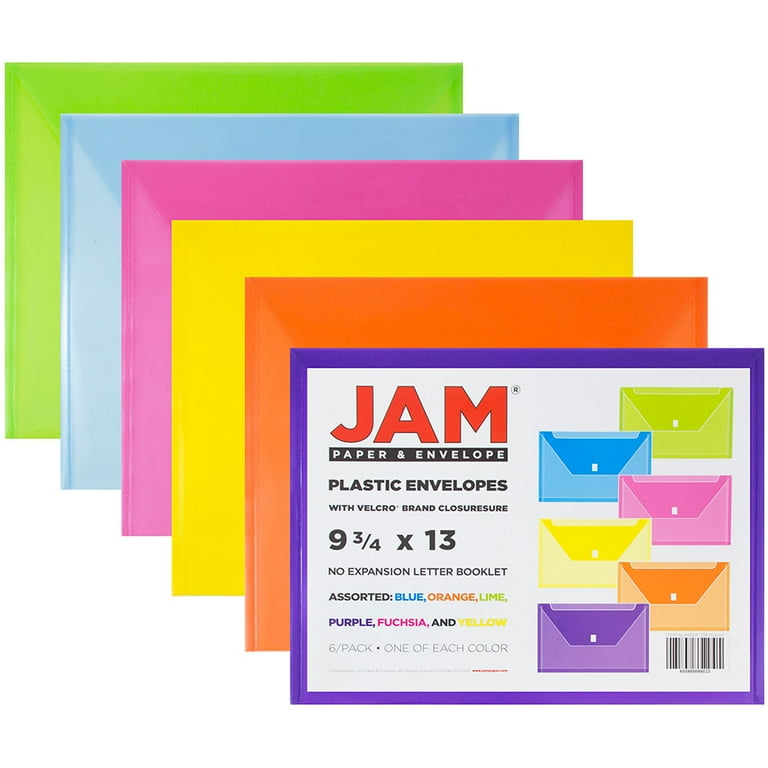 JAM Paper Assorted Plastic Hook & Loop Envelopes, 9 3/4 x 13