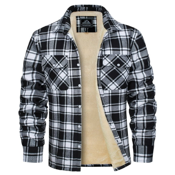 TACVASEN Men's Flannel Shirt Jacket Warm Fleece Plaid Jacket Cotton Winter Coats Black XL