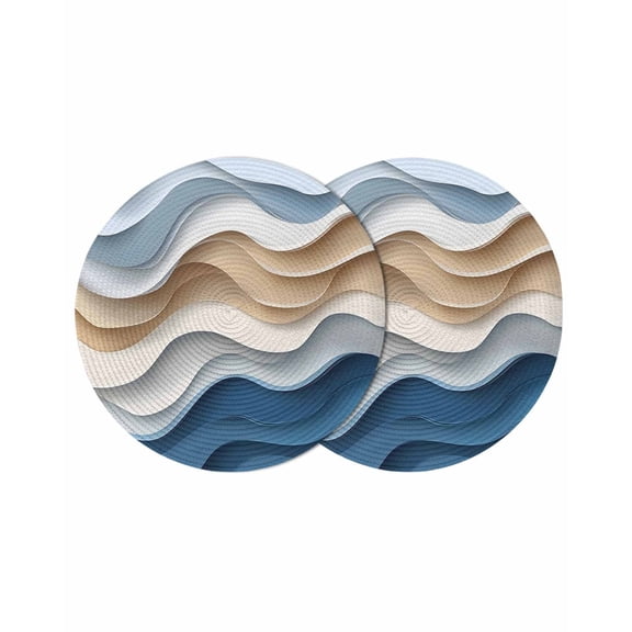 Beige Blue Ombre Round 15 Inch Placemats Set of 2, Moire Abstract Artwork HeatResistant Non Slip Place Mats for Dining Table, Wipeable Braided Kitchen Table Mats for Housewarming
