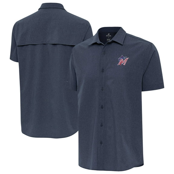 Men's Antigua Navy Miami Marlins Activate Stars and Stripes Team Logo Short Sleeve Button-Up Shirt