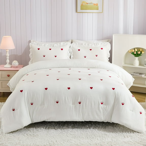 White Ruffle Comforter King Love Bedding Sets Love Heart Embroidery Design Romantic Girls Couple Bedding Red and White Bed Comforter Sets