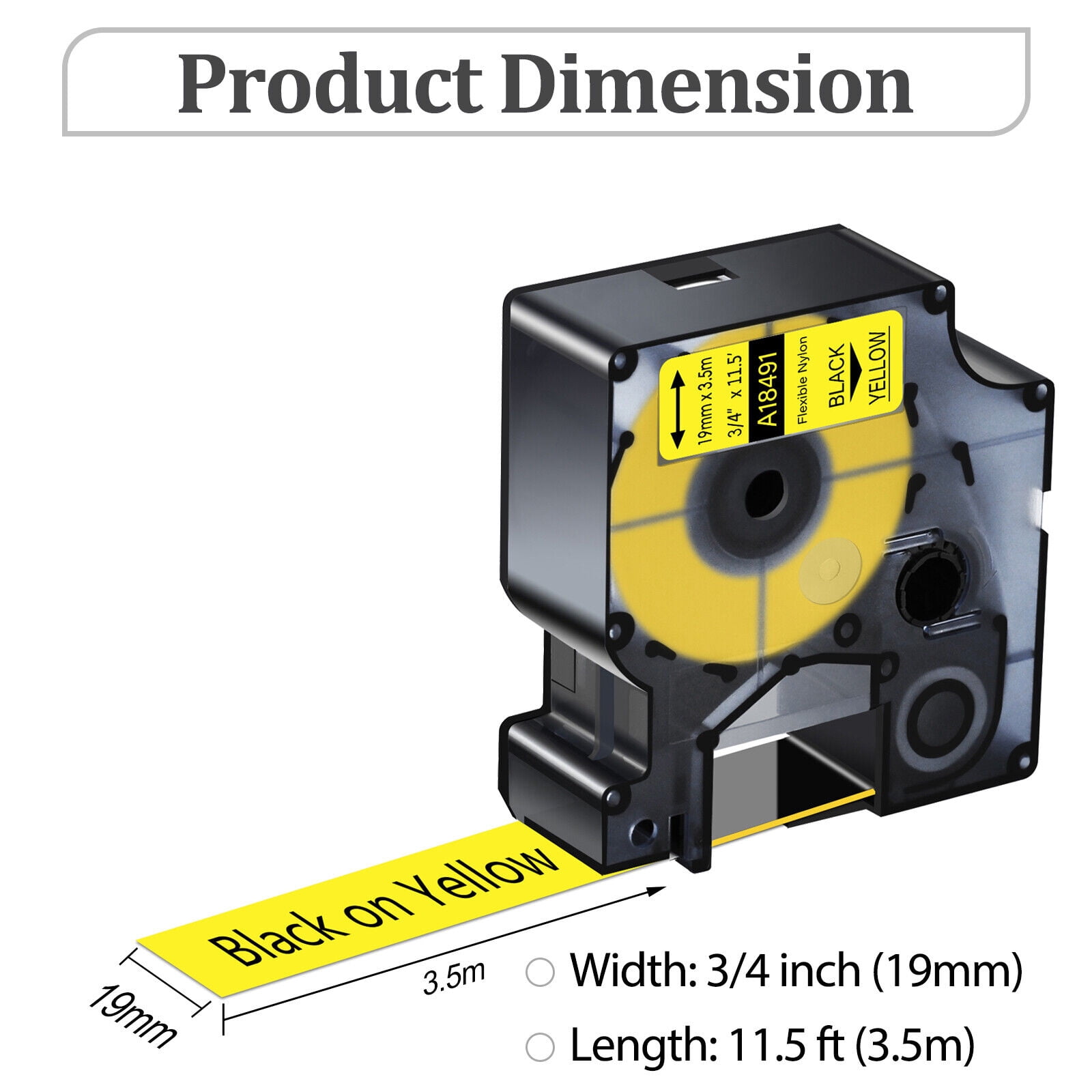 GREENCYCLE 4PK Compatible for DYMO 18491 19mm 3/4" Black on Yellow Industrial Flexible Nylon Label Maker Tape