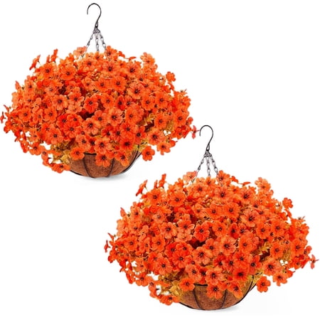 Lumikrypt 2 Pack Outdoor Artificial Fall Flower Hanging Basket, 24 Pcs Faux Orange Mums, UV Resistant Autumn Hanging Planters with Coconut Liner for Garden Patio Yard Decor