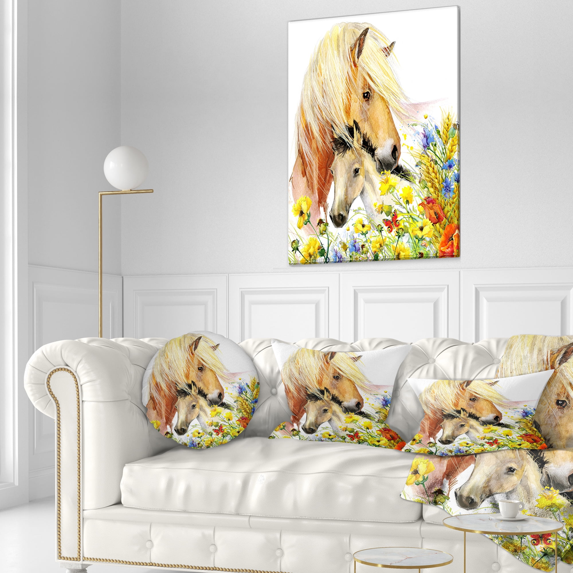 Designart Horse and Foal with Meadow - Animal Throw Pillow - 12x20