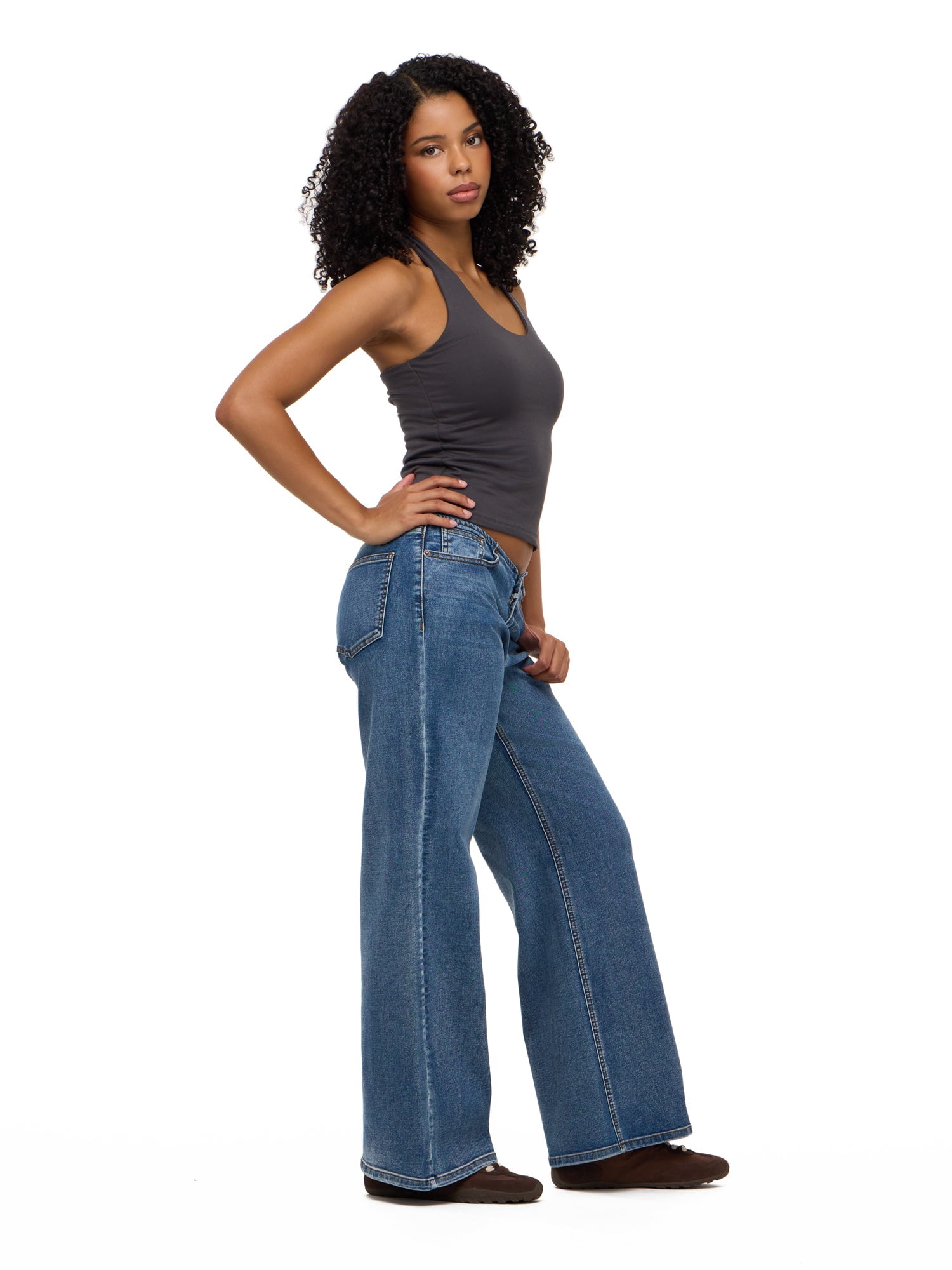 Forever 21 Women's No Waist Wide Leg Denim Pants, Stretch Cotton Blend Jeans, Mid Rise Casual Everyday Denim Style, Medium Acid Wash, Blue, 00-18
