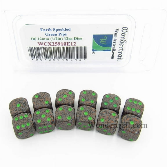 Earth Speckled Dice with Green Pips D6 12mm (1/2in) Pack of 12 Wondertrail