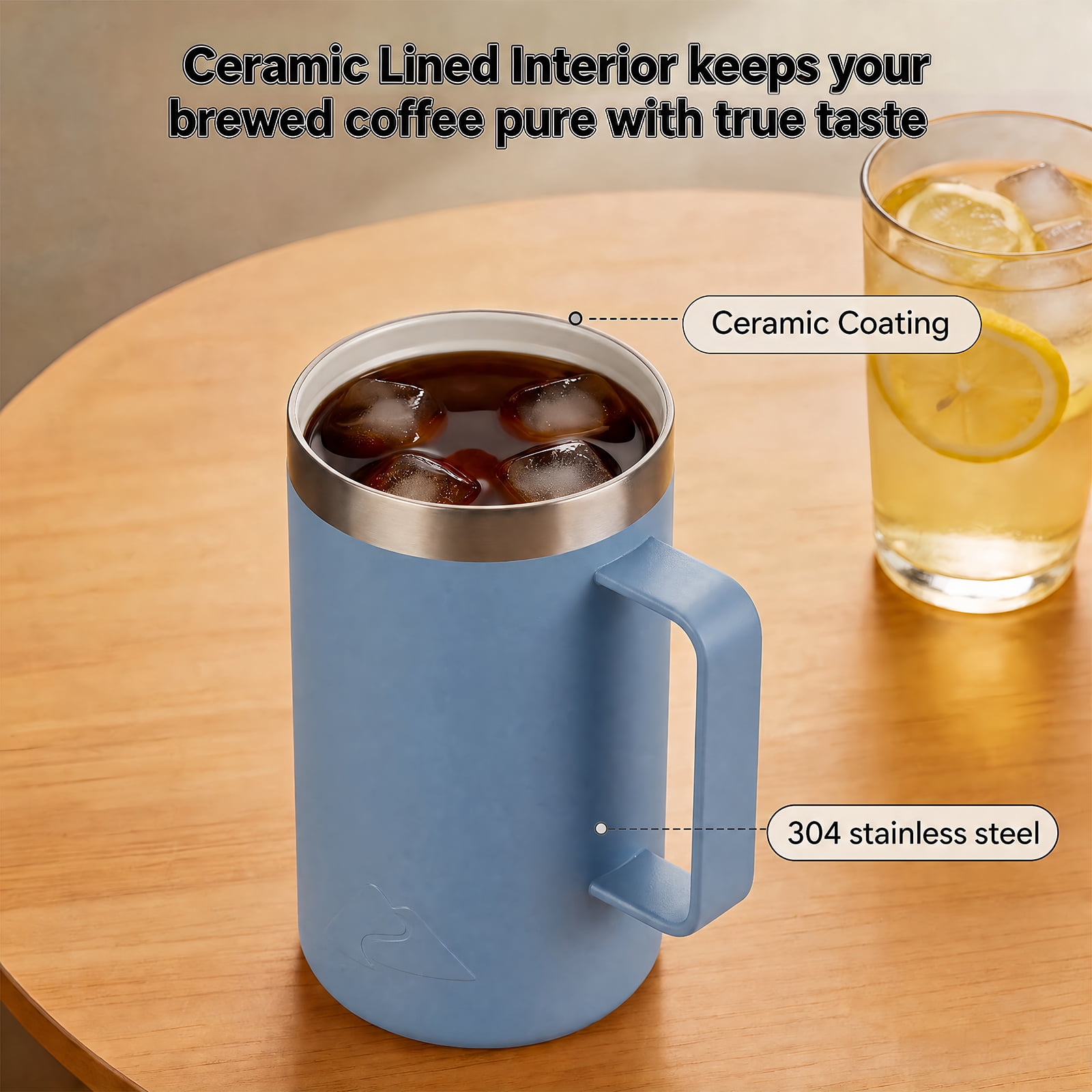 Ozark Trail 22oz Ceramic Lined Stainless Steel Insulated Coffee Mug with Magnetic Tritan Transparent Slider Lid, Blue