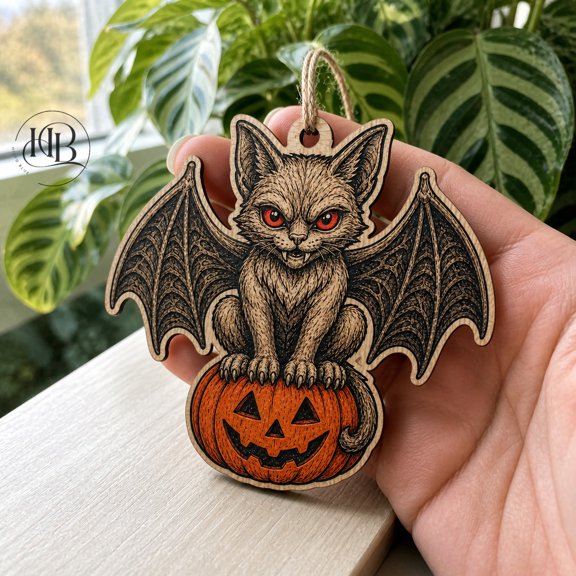 Wooden Halloween Ornament Vampire Cat with Red Eyes Wood Hanging Decoration Halloween Lovers
