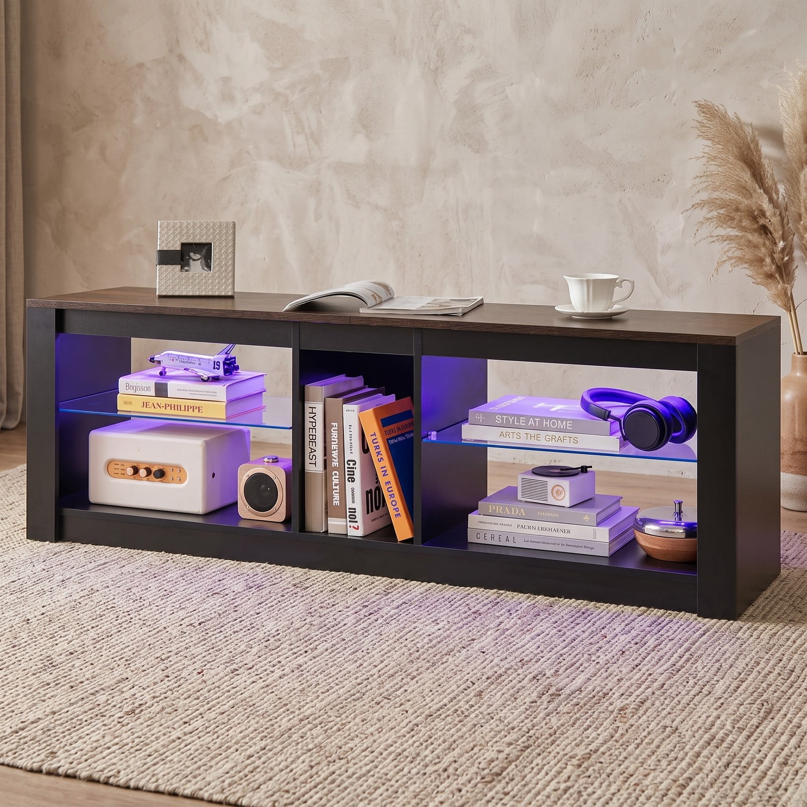 Furnibear Modern LED TV Stand for TVs up to 65 inch, Wood Entertainment Center with Adjustable Tempered Glass Shelves, Cable Management and Open Storage, Brown