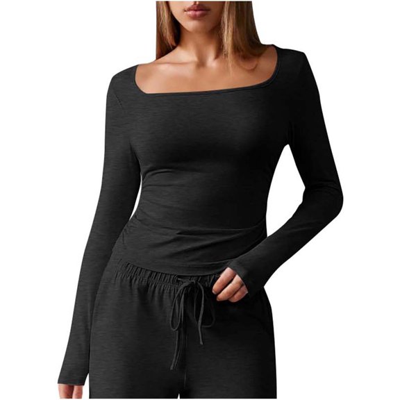 Timegard Womens Long Sleeve Shirts Fall Fashion Square Neck Slim Going out Tops Basics Tees Clothes