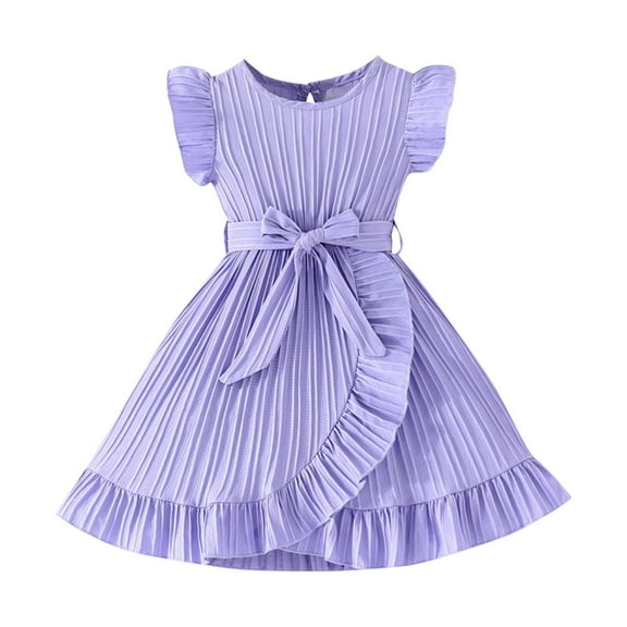 Kovlvoll Girl Summer Dress Fashion Ruffle Short Sleeve Bow Belt Solid Color Dresses Princess Skirt for Child Girls