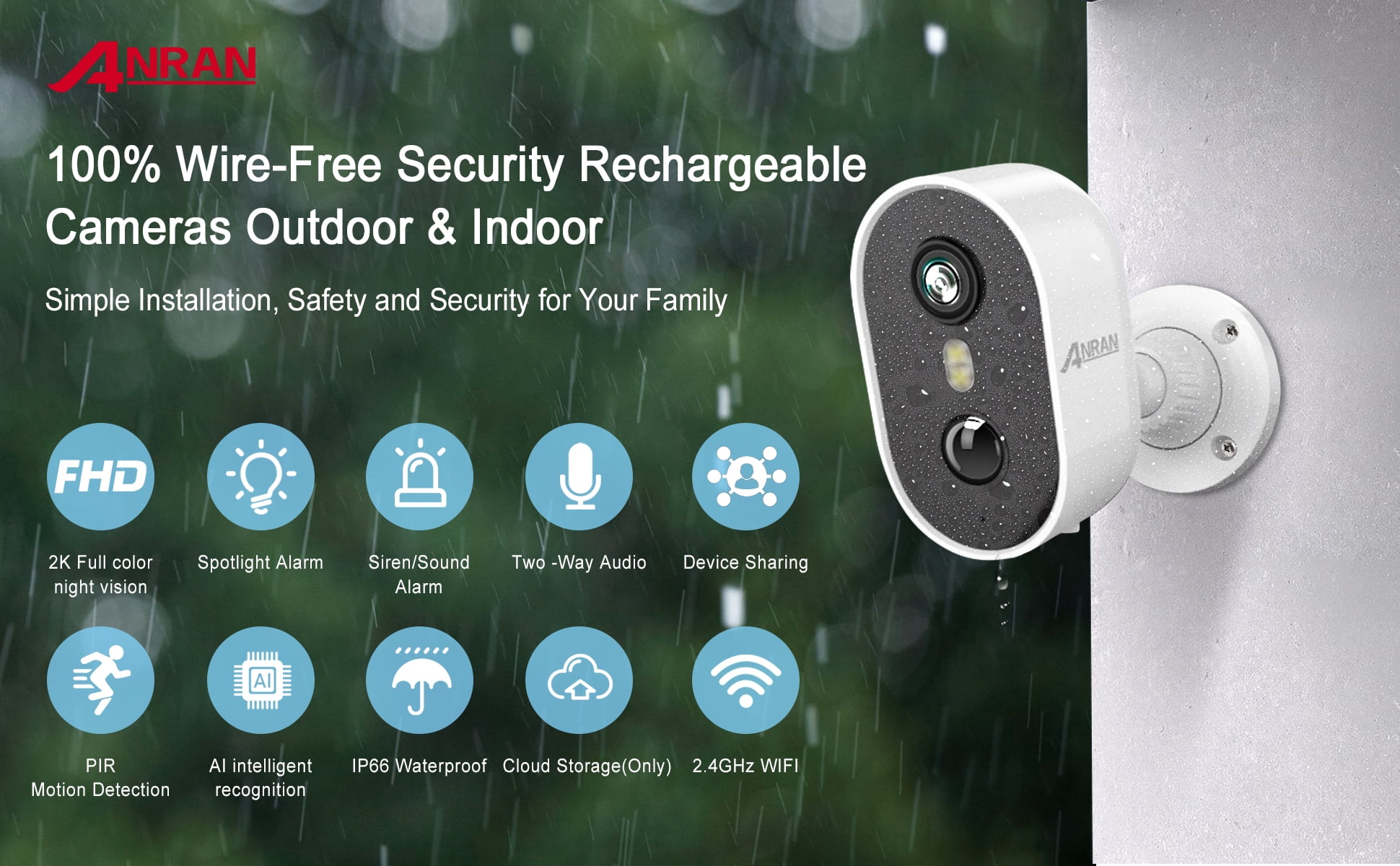 ANRAN 2K Wireless Outdoor Security Camera with Spotlight, Waterproof, PIR Detection, 2.4Ghz Wi-Fi, Rechargeable Battery Powered Home Surveillance Camera with Color Night Vision, 2-Way Audio, White