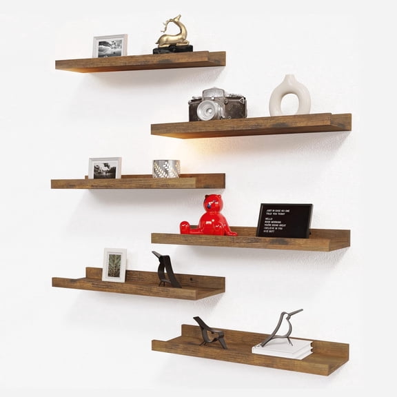 KAIWIN Floating Shelves for Wall, 15.7In Brown Wall Shelves for Decor Storage Set of 6, Wall Mounted Wood Shelves for Bedroom, Living Room, Bathroom, Kitchen