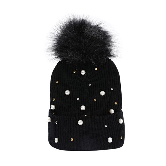 Winter Warm Knit Pearls Beanie Hat Skull Cap Pom Beanies for Men Women