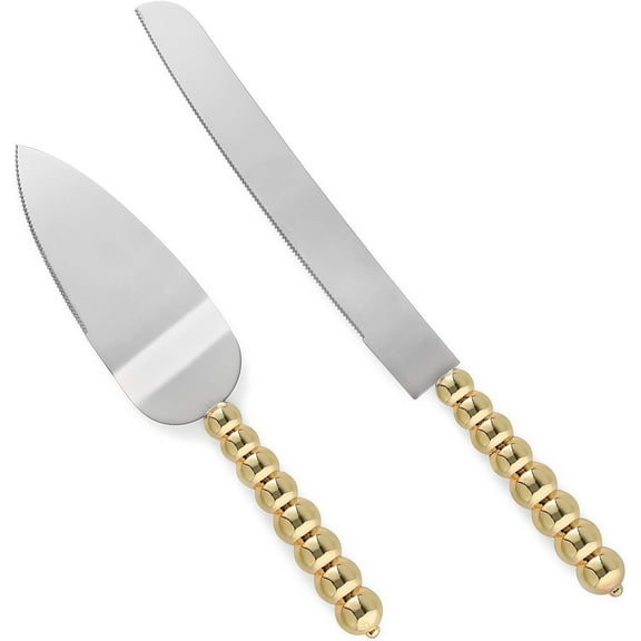 Homi Styles 2-Piece Elegant Gold Color Stainless Steel Cake & Pie Serving Set with Beaded Handles