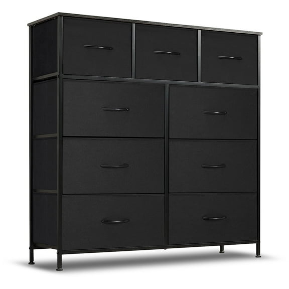 9 Drawer Dresser, Wide Chest Of Drawers Nightstand Storage Tower Storage Dresser Fabric Dresser With Wood Top for Living Room, Bedroom, Hallway, Black