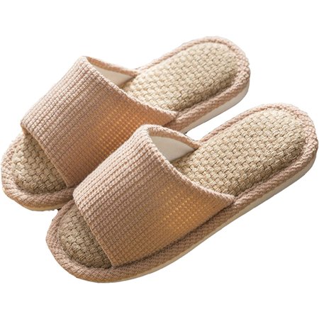 

PIKADINGNIS Women s Slippers Comfortable Linen Slippers Open Toe Home Slippers Flat Couple Slippers Spring and Autumn Slippers
