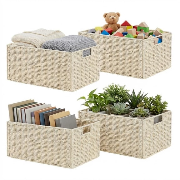 4-Piece Collapsible Storage Basket Set, 12.2"x7.09"x5.91" Paper Rope & Iron Wire – Woven Organizer Bins with Handles for Multi-Scene Use