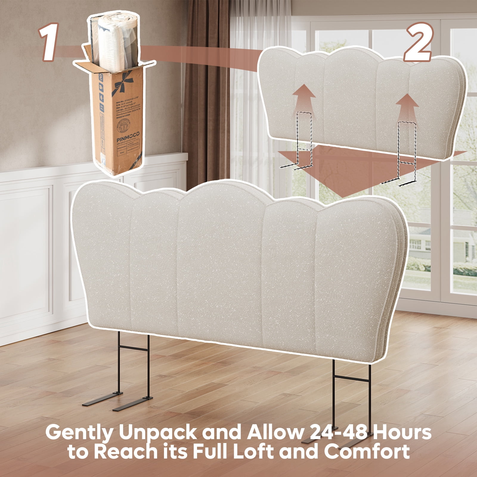 Pinmoco Chenille Upholstered Headboard for Queen Bed, Height Adjustable Crown-Shaped Headboard, Starry Beige