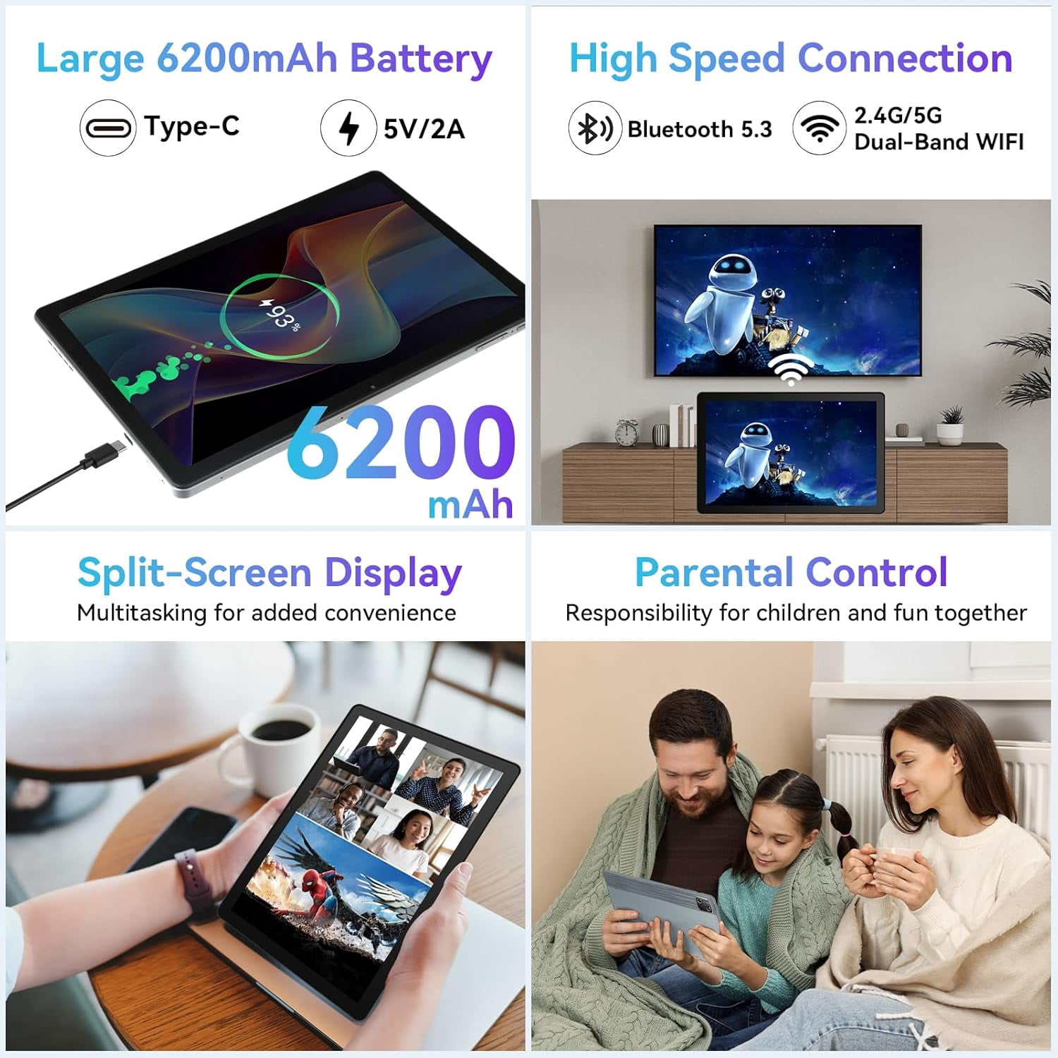 AEEZO Android 15 10 Inch Tablet, 30GB+128GB+1TB TF Expandable, Octa Core, Widevine L1, Wi-Fi 6G BT 5.3, 6200mAh Battery, 5+8MP Camera, Support Computer Mode - Gray