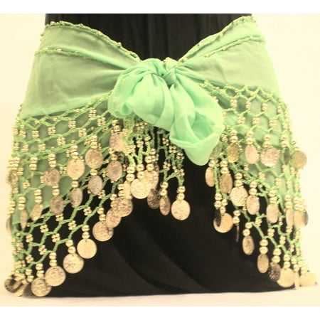 Green Belly Dance Hip Scarf Lime Green Chiffon Dangling Gold Coins Belly Dance Hip Scarf, Vogue Style, Made from chiffon with gold coins By Belly Dancing Skirts ()