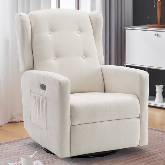 Power Swivel Rocking Recliner Chair, Electric Rocker Nursery Glider Chair, USB and Type-C Ports, Upholstered Fabric Reclining Single Sofa Chair for Living Room (Beige)