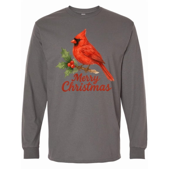 Inktastic Merry Christmas Cardinal with Holly Long Sleeve T-Shirt