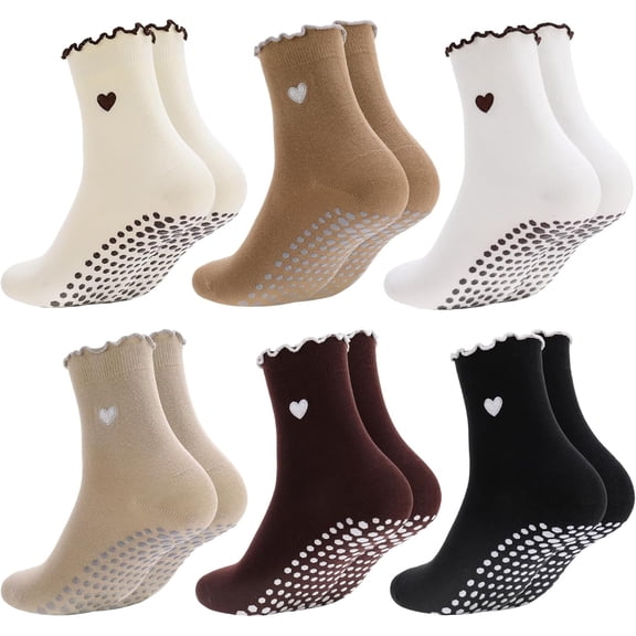 6 Pairs Pilates Grip Socks for Women, Yoga Socks Non Slip with Cute Ruffle Heart Pattern, Anti Skid Socks for Dance Fitness