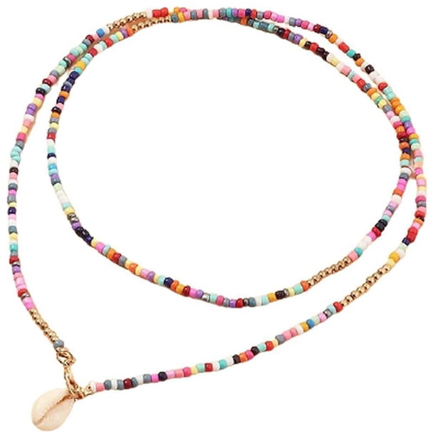 Collar De Perlas Boho, Collar De Cadena De Cuentas Coloridas Con Colgante De Concha, Collar De Disfraz Bohemio, Joyería Para Mujeres Y Niñas Sweethay AP005796-00