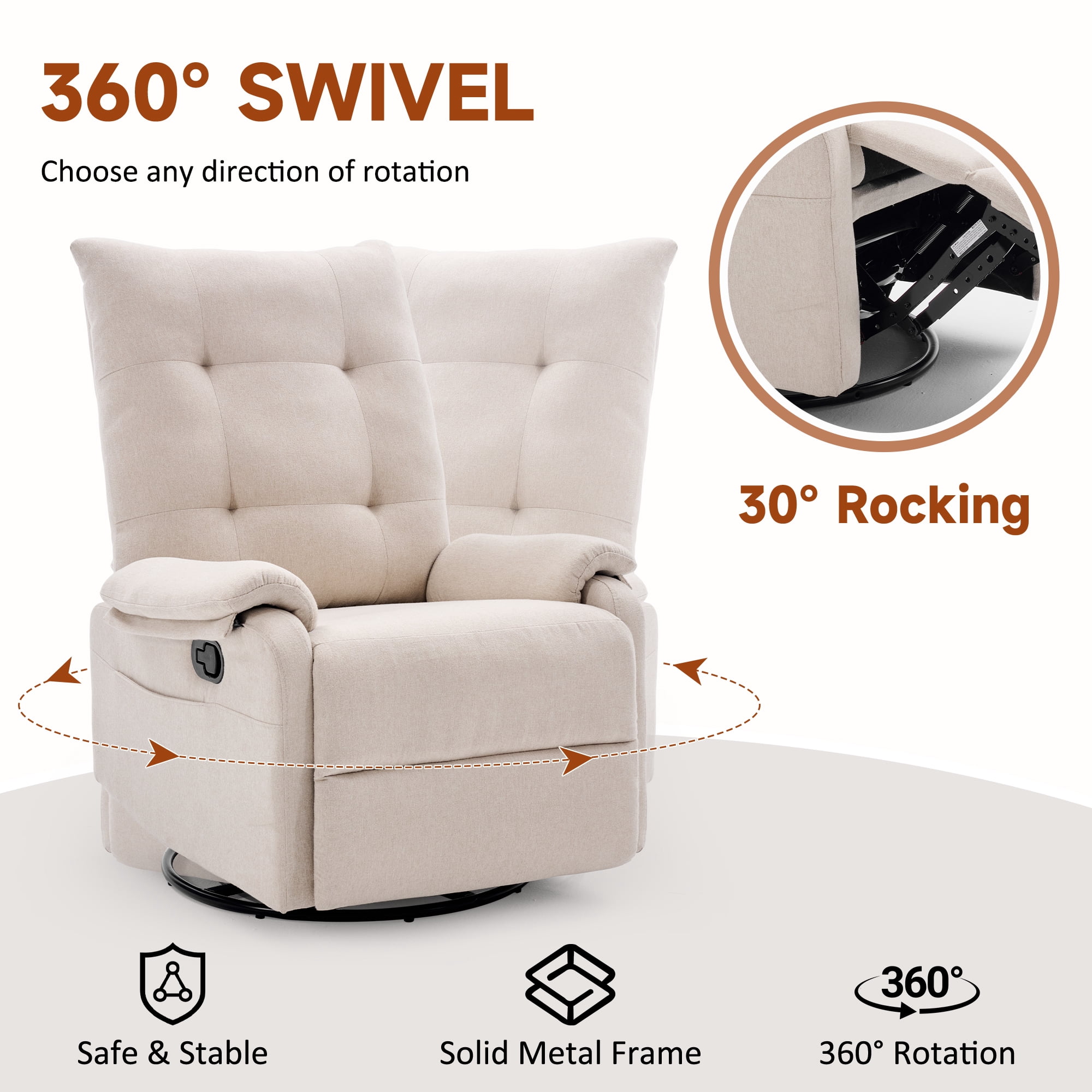 GEEYOO 360°Swivel Rocker Recliner Chair for Adults with Side Pockets,Small Recliner Chair for Small Spaces,Modern Swivel Glider Recliner for Living Room,Linen,Beige