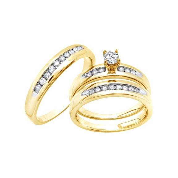 AFFY White Natural Diamond Solitaire Wedding Trio Ring Set In 14k Yellow Gold (0.63 Cttw)
