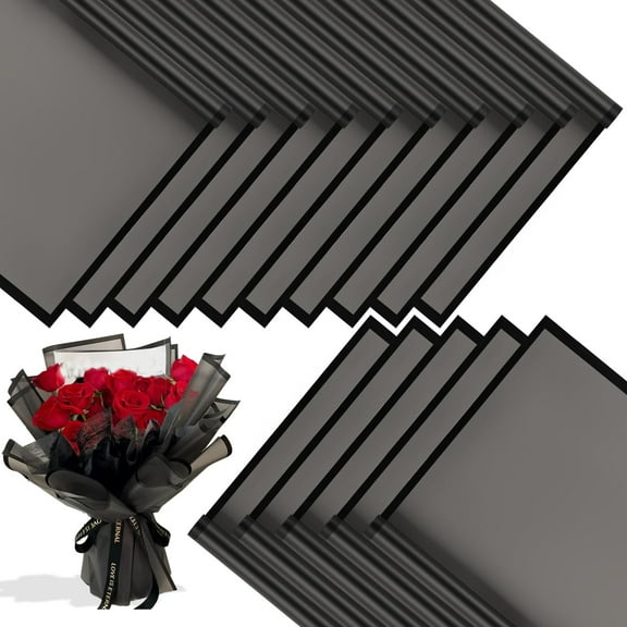 Floral Wrapping Paper 20 Sheets, Waterproof Bouquet Packaging for DIY Wedding Birthday Gifts, Thick Glossy Korean Design with Black Edge, Black