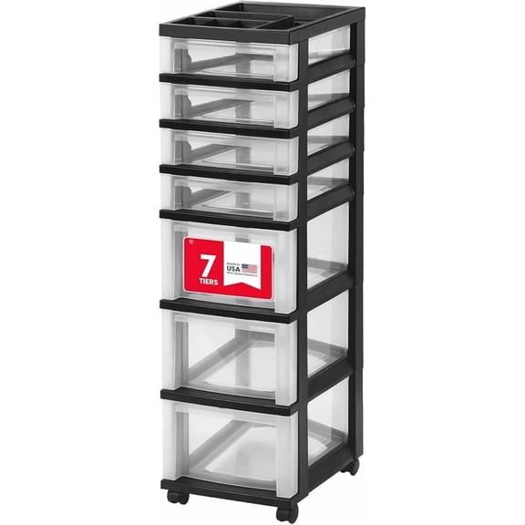 7-Drawer Rolling Storage Cart with Wheels, Plastic Organizer Cart, Black Clear