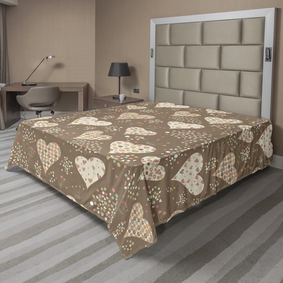 Valentine's Day Flat Sheet, Doodle Style Hearts and Circles, Soft Comfortable Top Sheet Decorative Bedding 1 Piece, 6 Sizes, Umber Coral Seafoam, by Ambesonne