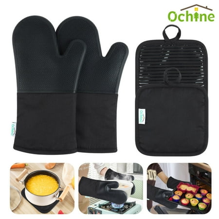 

Heat and Slip Resistant Silicone Oven Mitt and Trivets Set Waterproof Cotton Lined Gloves BPA-Free Long Cooking Mitts and Trivet Mats Kitchen Potholder Sets for Pans 4 Pieces Black
