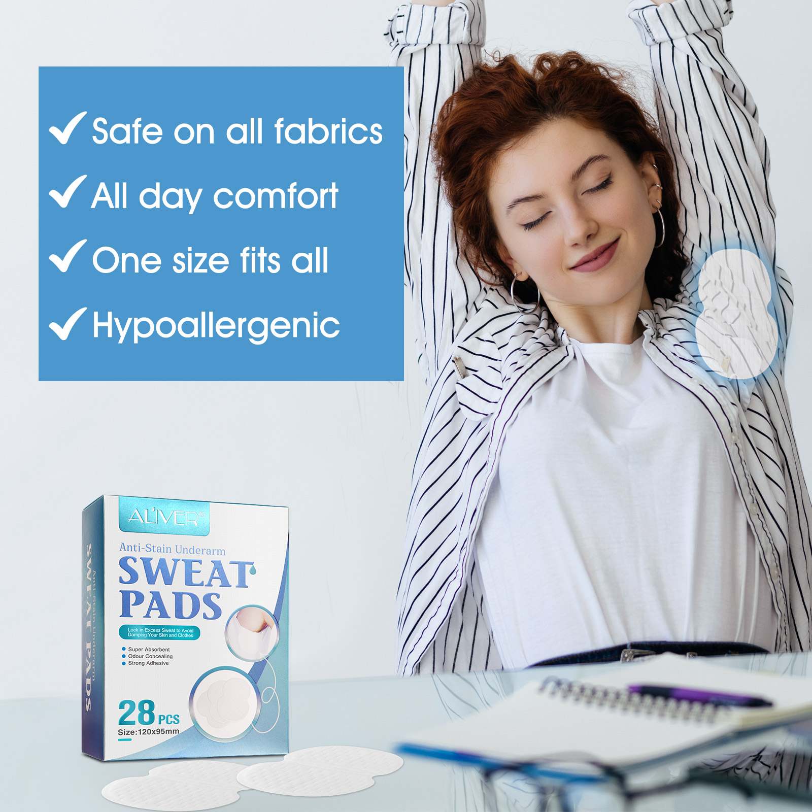 Aliver Armpit Sweat Pads 56p, Anti Stain Underarm, Super Absorbent, Odor Concealing, All Day Comfort